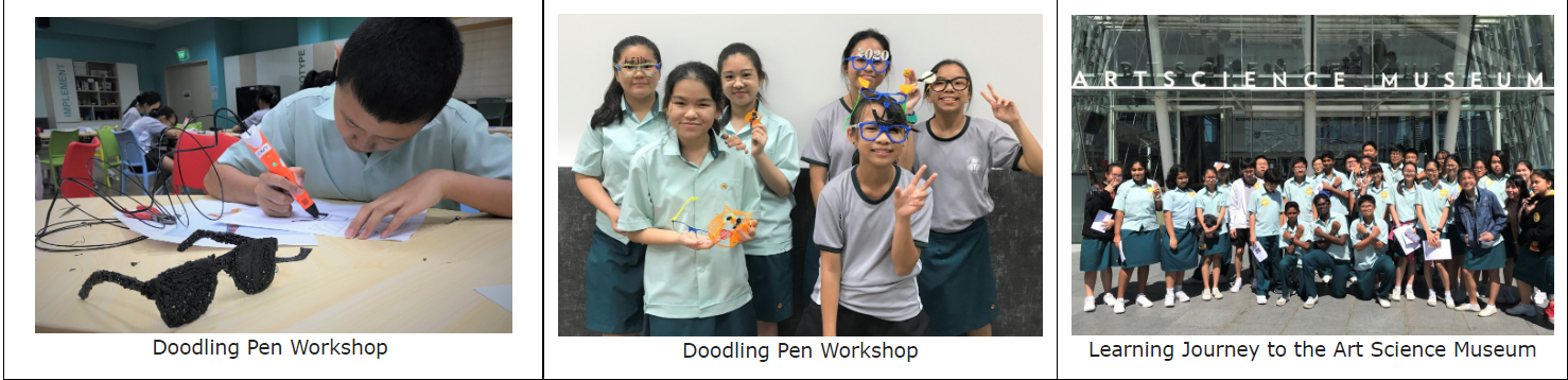 Three school photos: a student using a 3D pen, girls posing with 3D pen creations, and a group outside ArtScience Museum.