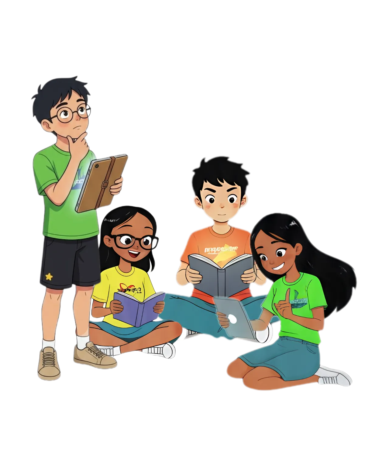 A group of cartoon students studying hard.