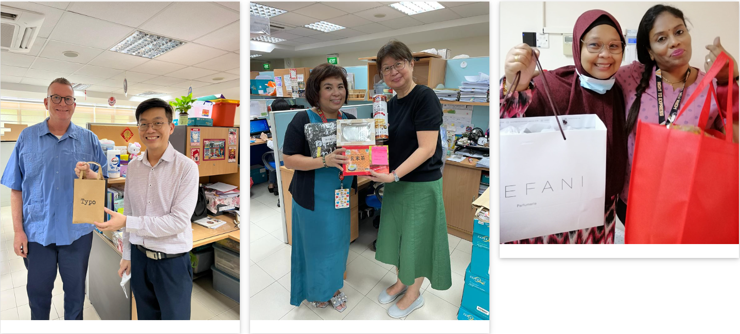 Three office photos showing pairs of colleagues smiling and holding gift bags and boxes in a workplace setting.