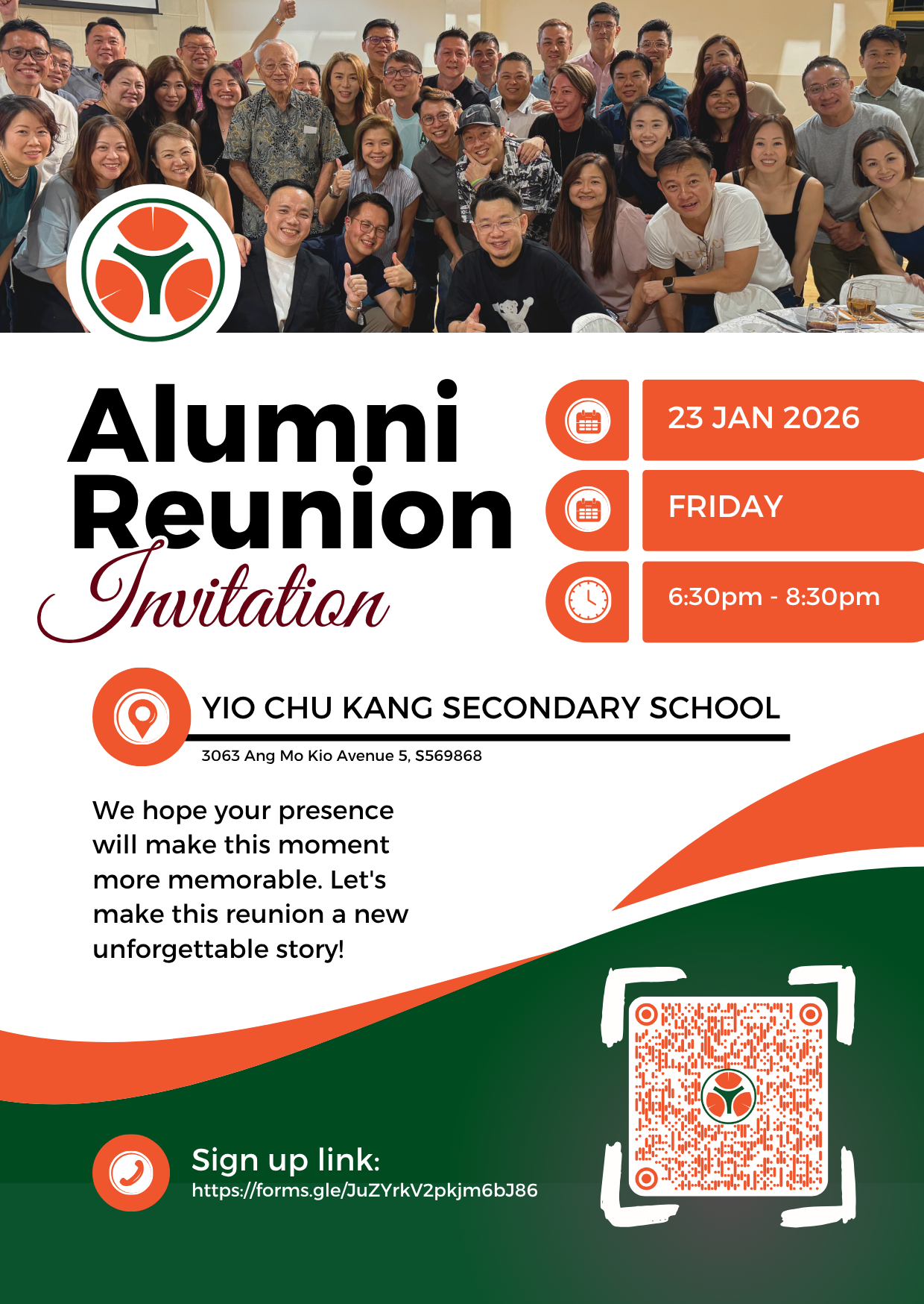 Flyer for Yio Chu Kang Secondary School Alumni Reunion on 23 Jan 2026, Friday, 6:30-8:30pm, with group photo.