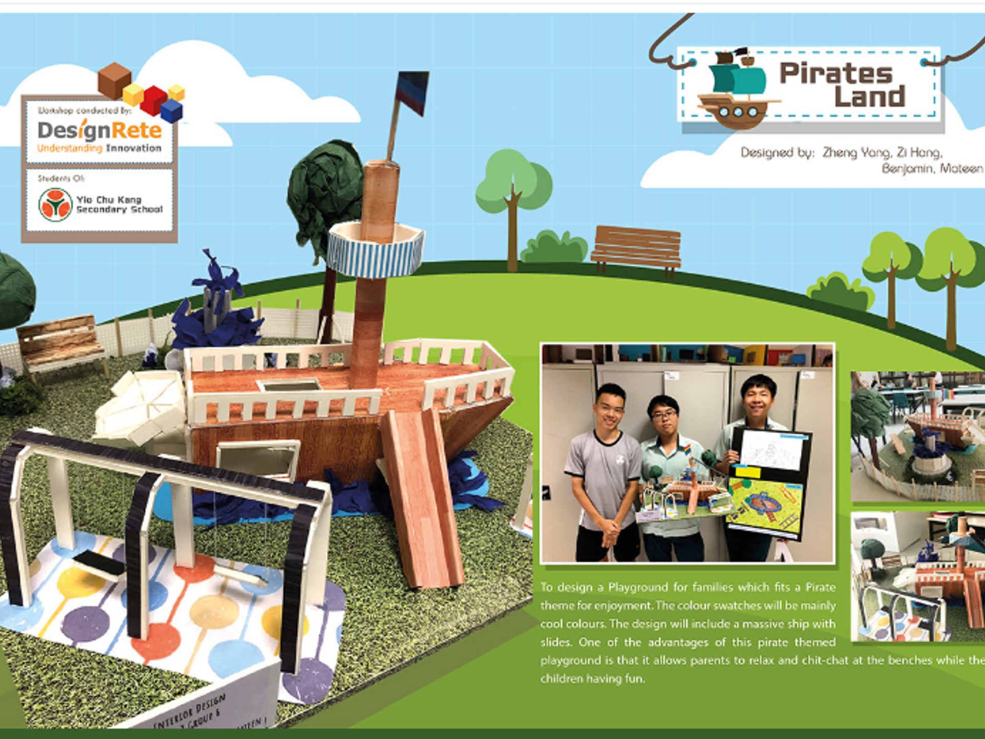 A presentation slide featuring a green park illustration background, titled "Pirates Land". Concept text outlines a pirate-themed playground designed for families using cool color swatches, featuring a ship with slides, swings, and seating benches for parents. Designed by students Zheng Yang, Zi Hang, Benjamin, and Mateen, the slide highlights a prominent 3D model of a wooden pirate ship playground with a mast, slide, swing set, and park foliage, accompanied by photos of the student creators posing with their model and presentation poster.