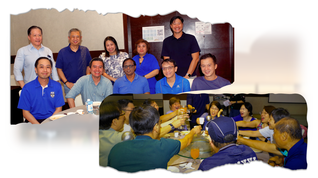 Two photos: a group of ten people posing at a dining table, and a group toasting drinks together at a restaurant.