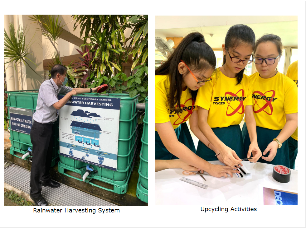 Photos of the school's rainwater harvesting system and upcycling activities.