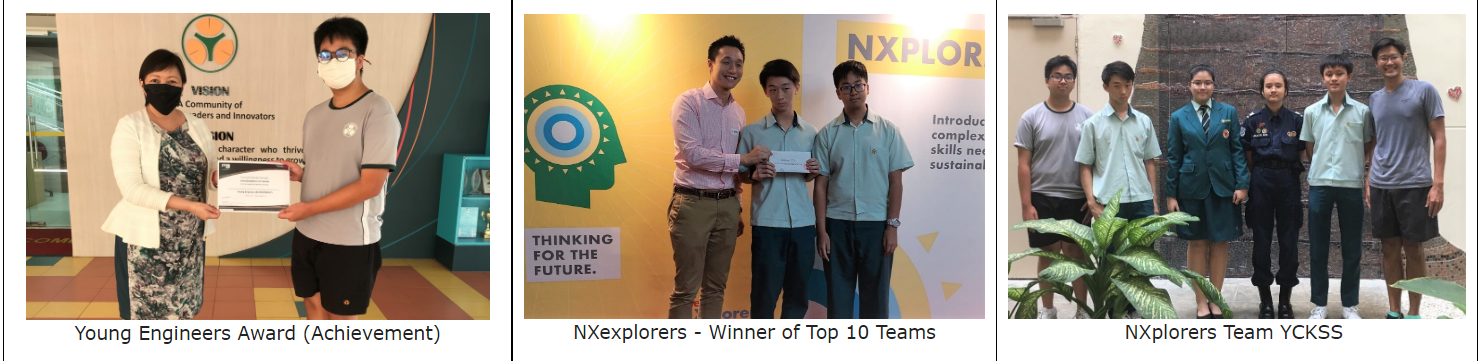 Three award photos: a student receiving a certificate, two students with a mentor, and a six-person team posing together.