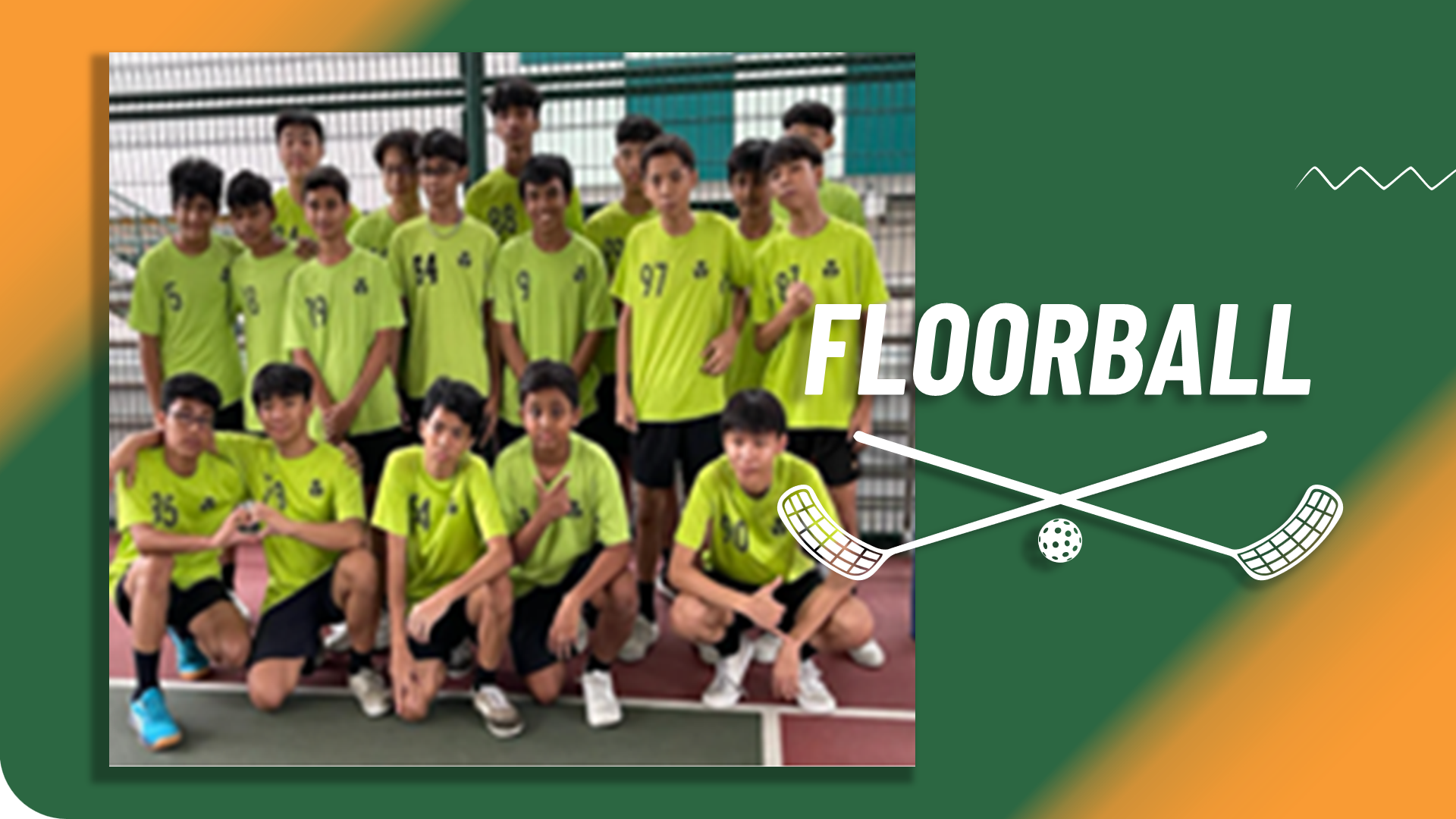 Group photo of the school floorball team posing together in matching lime green jerseys.