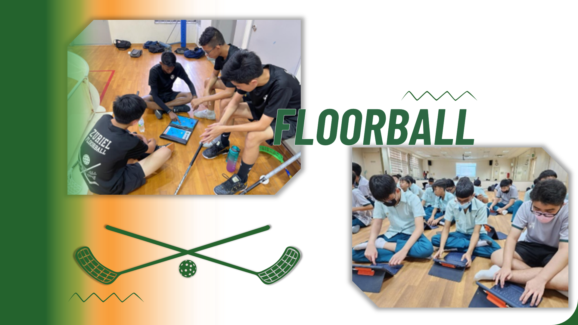 Photos showing floorball players reviewing tactical diagrams on a tablet and attending a digital learning session.