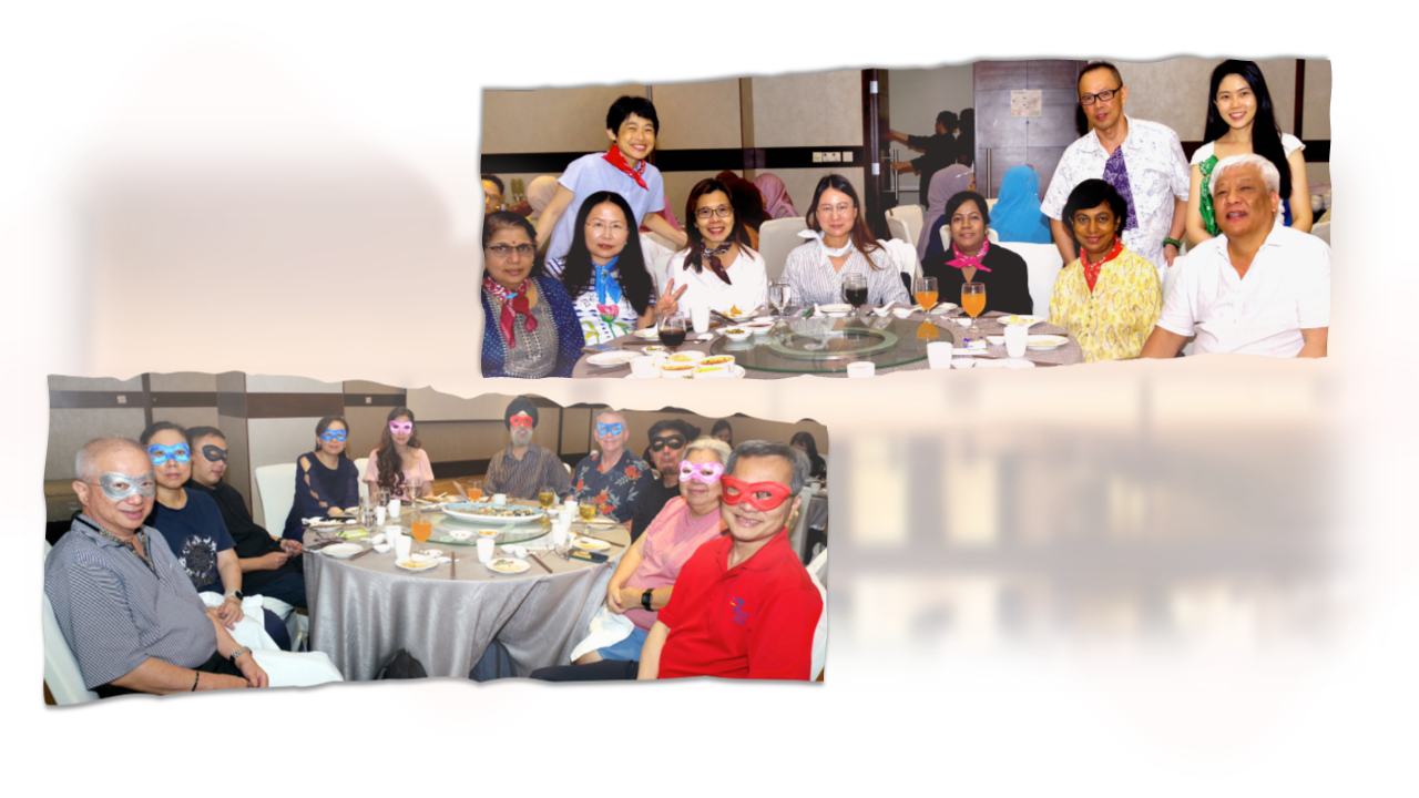 Two group photos at a dinner gathering; bottom group wears colorful masquerade masks around a round table.