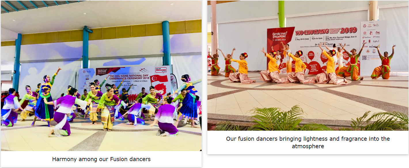Two photos of colorful cultural fusion dancers performing at Yio Chu Kang National Day events in 2018 and 2019.