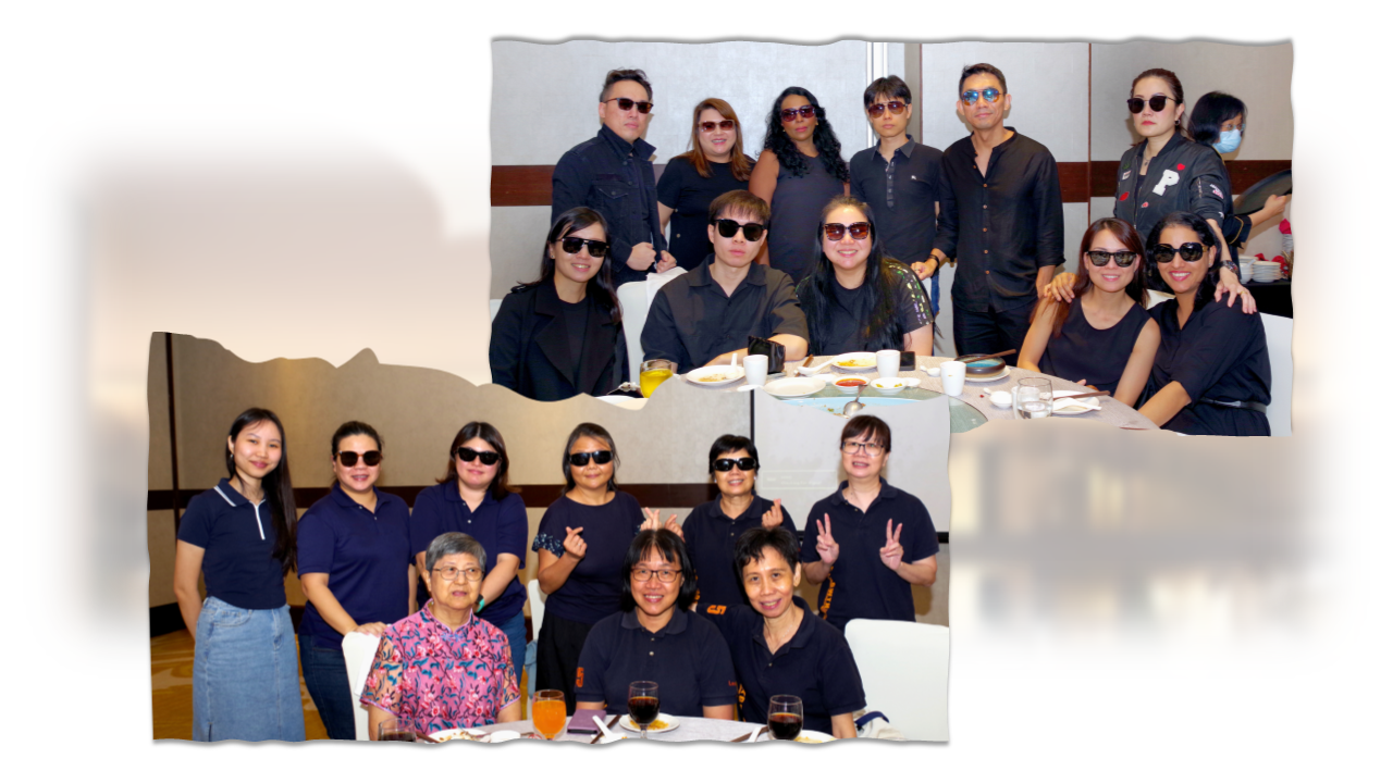 Two group photos of people wearing dark clothing and sunglasses, seated and standing at dining tables indoors.