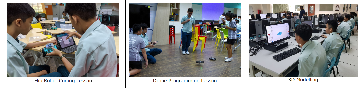 Three classroom scenes showing students in robot coding, drone programming, and 3D modelling lessons.