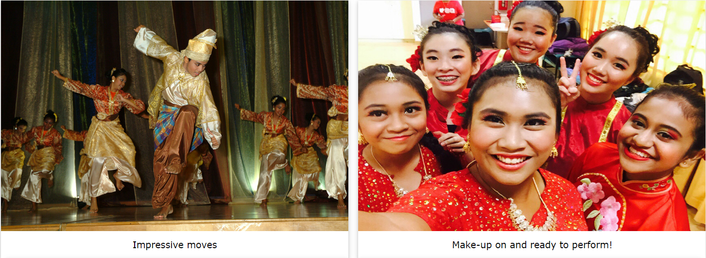 Dancers in gold costumes performing on stage, and smiling girls in red traditional outfits posing for a selfie.