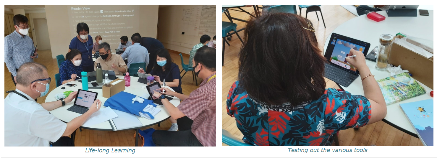 Two photos show teachers using iPads in a classroom workshop setting.