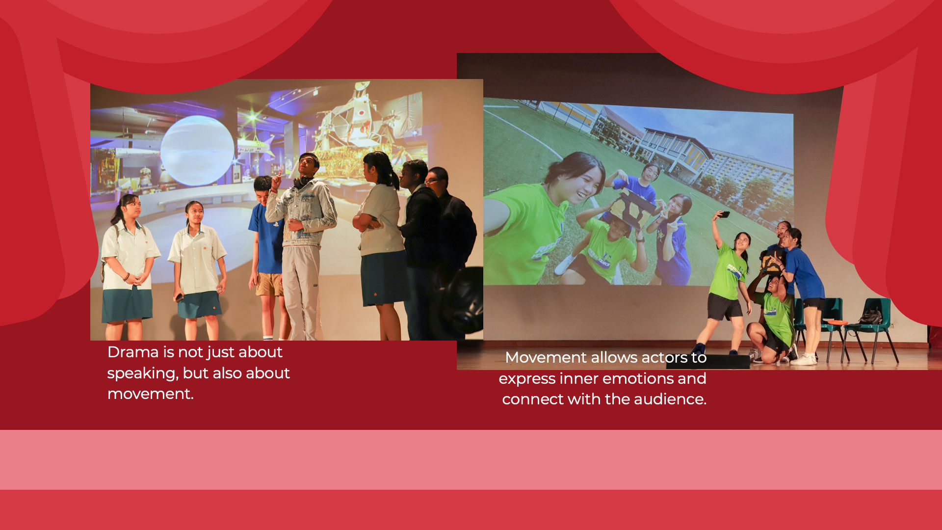Two-panel slide illustrating physical movement in drama through photos of stage performances.