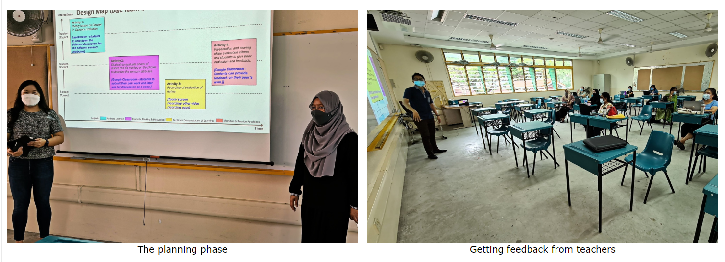 Two presenters stand by a design map slide; right photo shows a teacher facing seated students in a classroom.