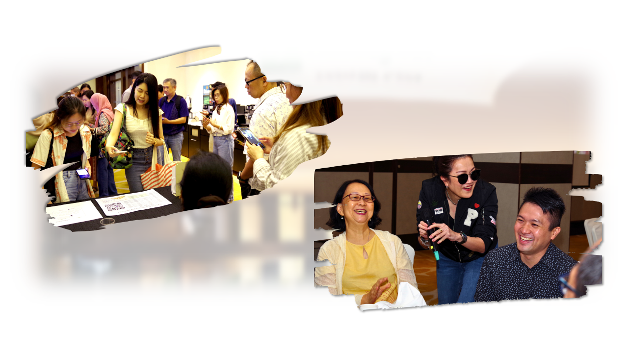 Two collaged photos: people at a registration table on the left, and three smiling adults posing together on the right.