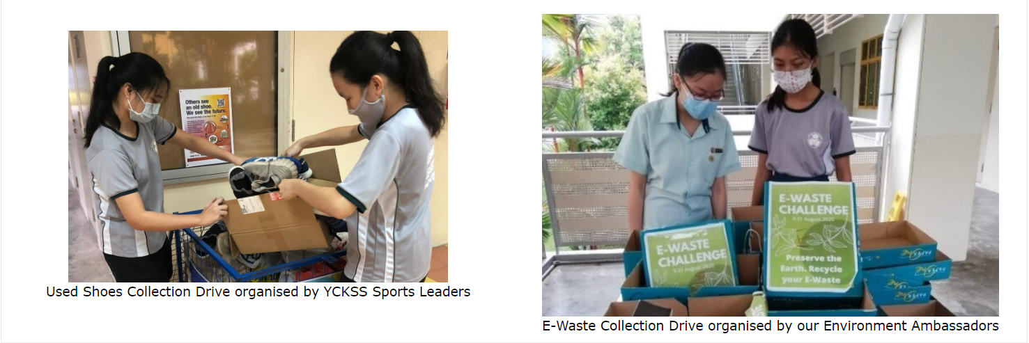 Two masked students collect used shoes in boxes; two others manage E-Waste Challenge collection boxes outdoors.