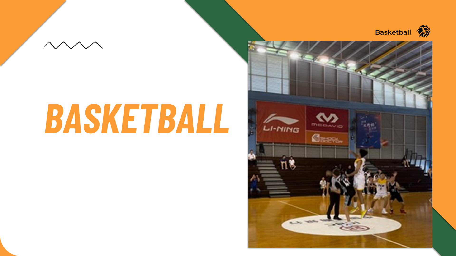 Presentation slide with an action shot of basketball players contesting a tip-off during a match inside a sports arena.