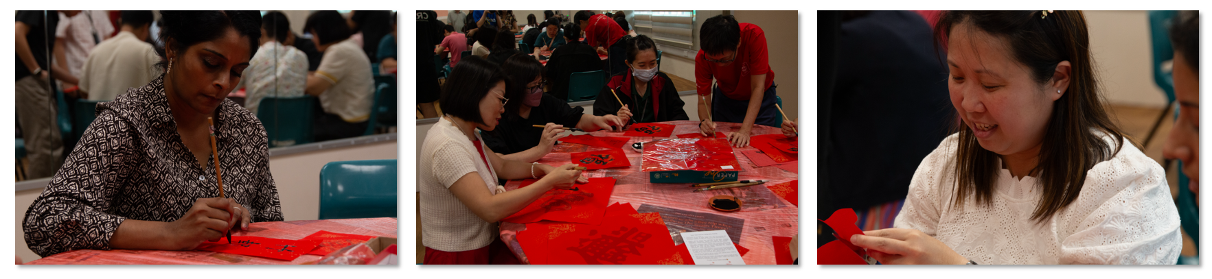 People practicing Chinese calligraphy on red paper at a communal event, shown in three side-by-side photos.