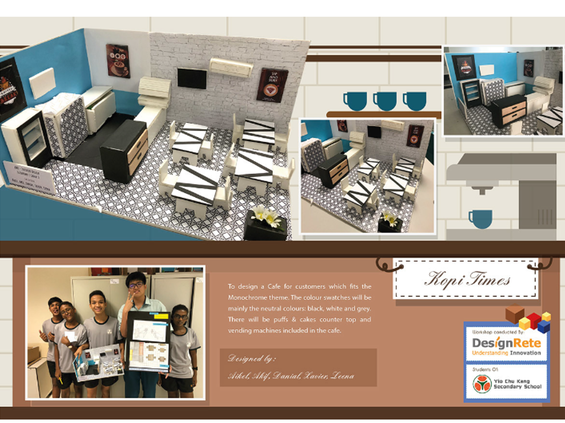A presentation slide with a tiled backdrop and coffee icon graphics, titled "Kopi Times". The lower section includes concept text describing a monochrome cafe for customers featuring black, white, and grey tones, patterned floor tiles, vending machines, and a pastry counter. Designed by students Aikel, Akif, Danial, Xavier, and Leena, the slide displays multiple views of their 3D interior scale model with miniature patterned tables, counter display, and wall art, alongside a photo of the five students holding their physical model and design board.