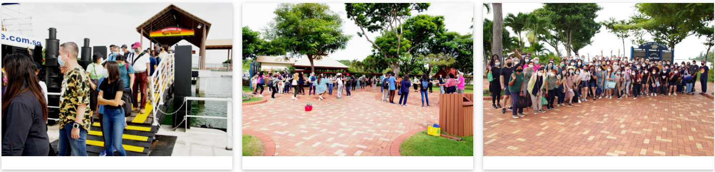 Three photos show masked visitors arriving by ferry, gathering on a brick plaza, and posing as a large group at an island.