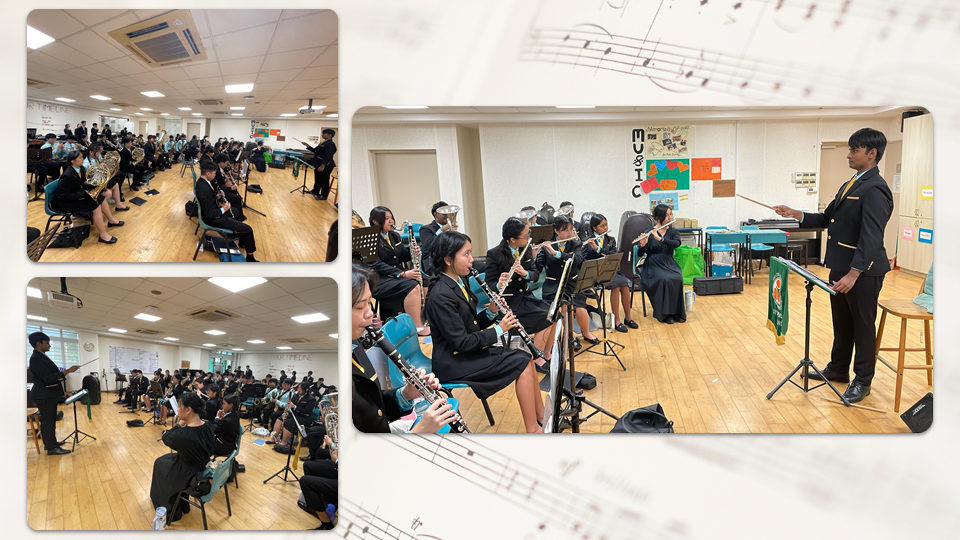Collage of three photos showing students practicing musical instruments during a band rehearsal with a student conductor.