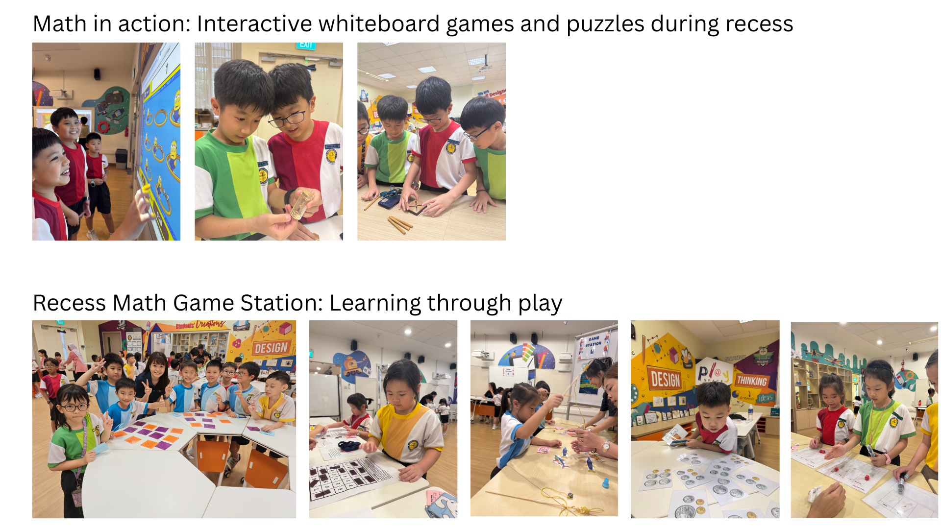 Students engage in math games and puzzles at interactive whiteboard stations and table games.