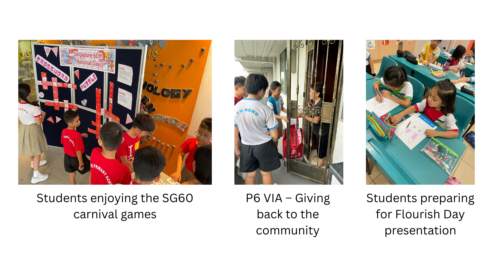 Three school activity photos: students at a crossword board, visiting a home, and drawing at teal desks.