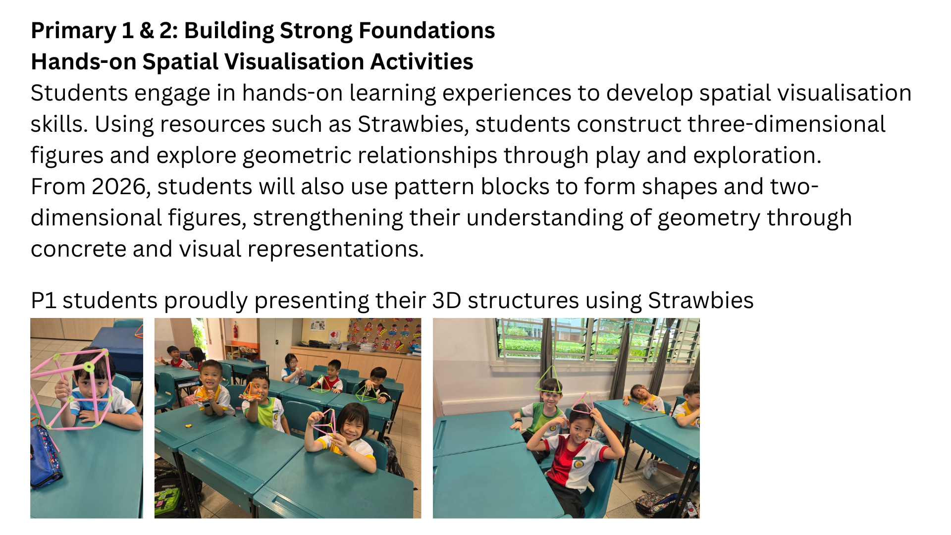 Primary 1 and 2 having hands on spatial visualisation activities