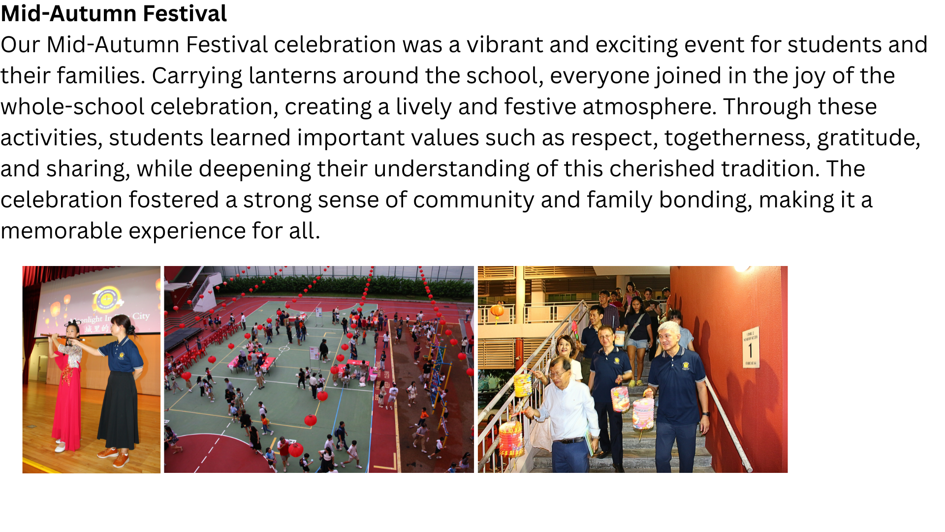 Three photos show a school Mid-Autumn Festival with a performance, an aerial view of students with red lanterns, and adults carrying lanterns on stairs.