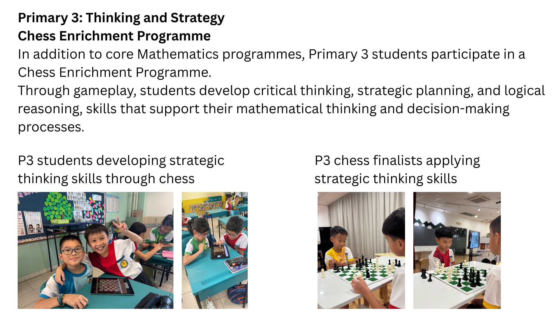 Primary 3 students playing chess on tablets and boards as part of a Chess Enrichment Programme.