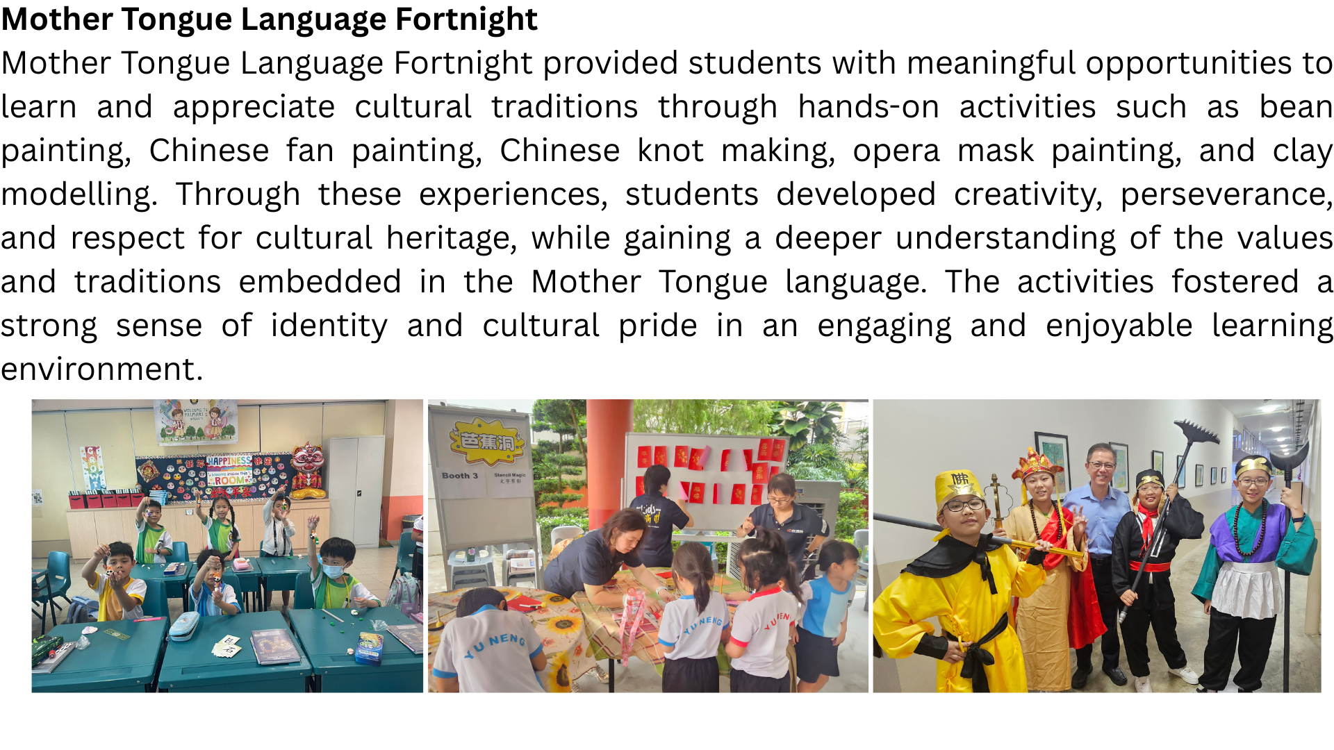 Three photos of students doing crafts in class for Mother Tongue Language Fortnight