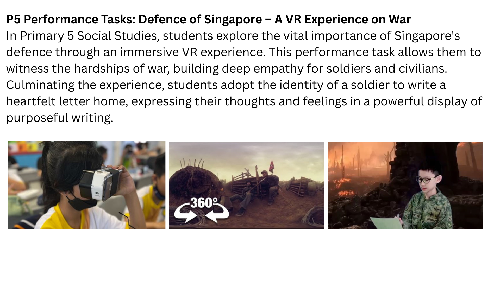 Photos show a student using a VR headset, a 360-degree war scene, and a boy in camouflage reading a paper.