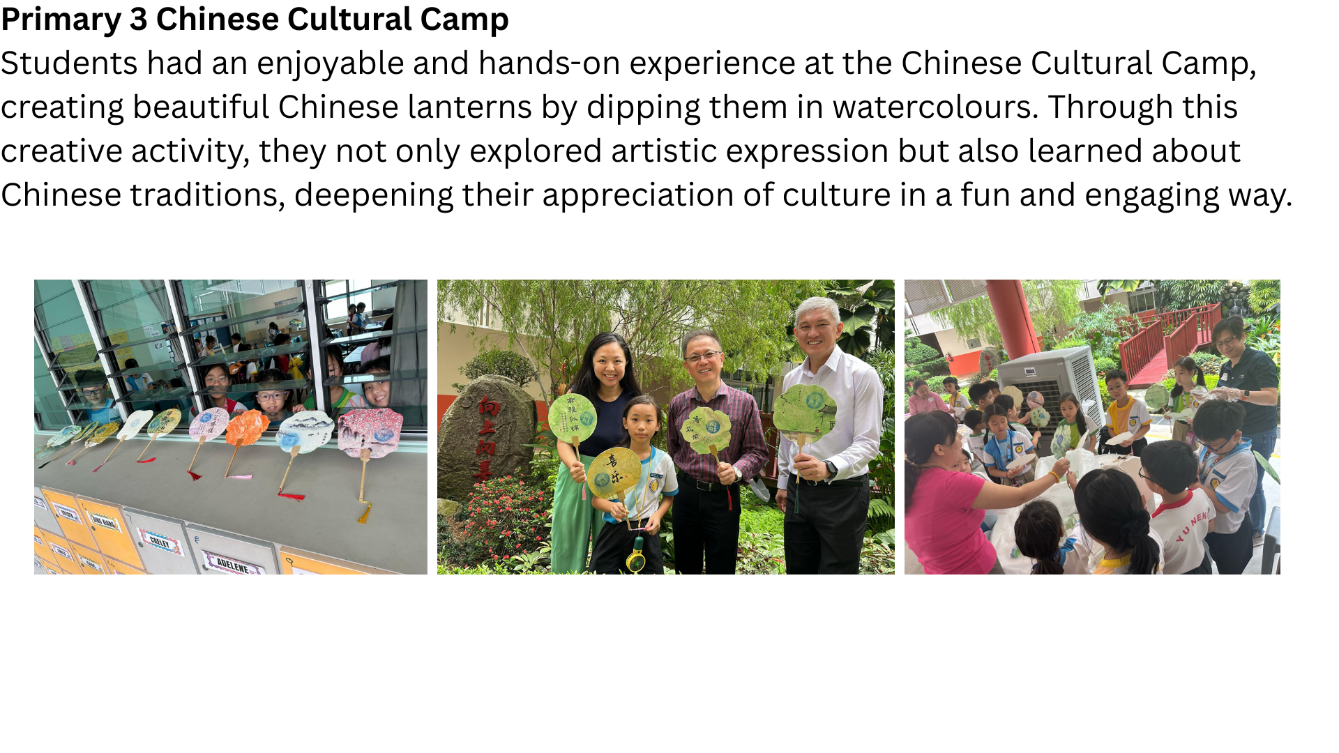 Three photos of students at a Chinese Cultural Camp holding decorated round fans made during a hands-on craft activity.