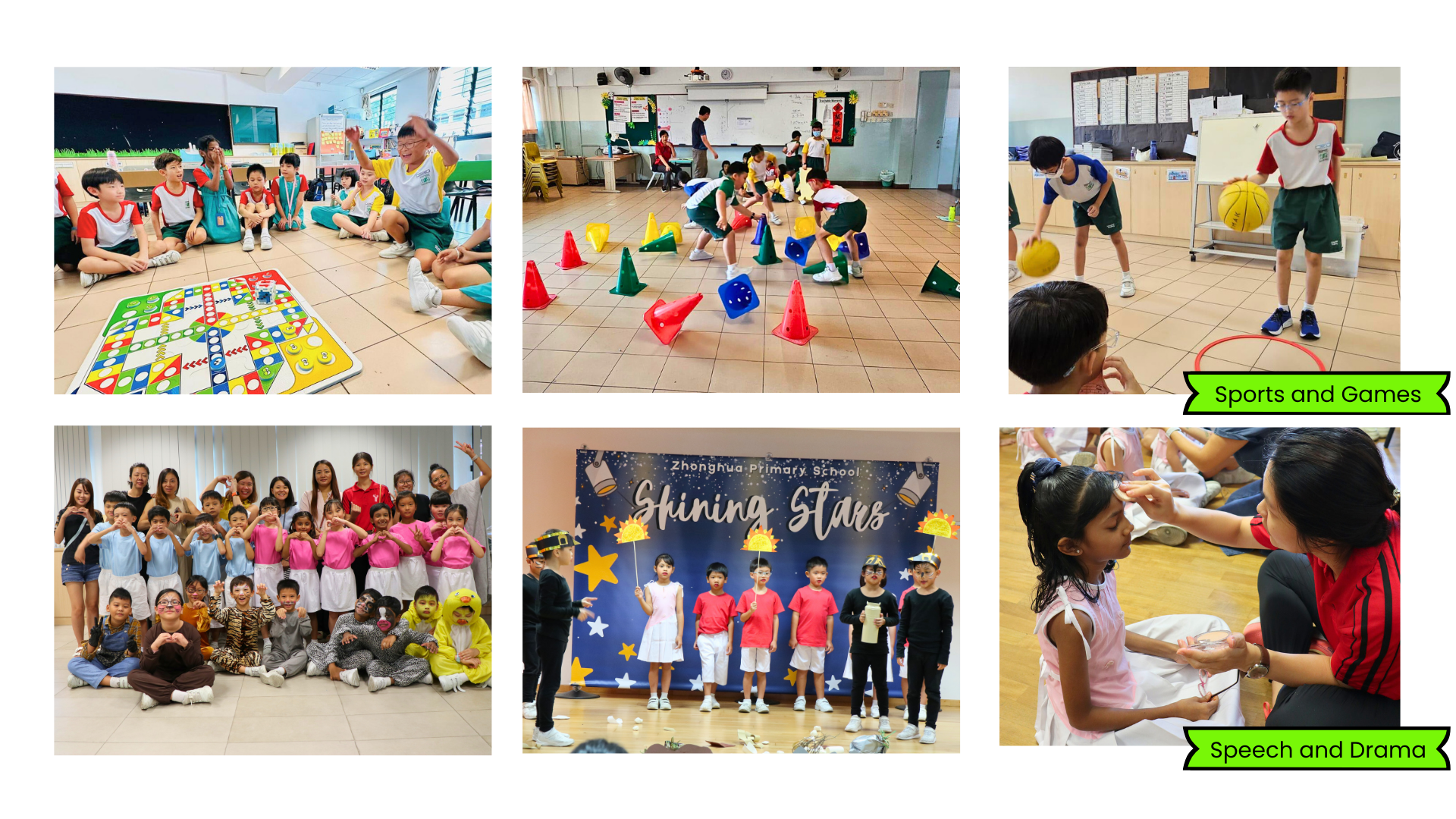 Six photos of Zhonghua Primary School students doing sports, games, and a Shining Stars speech and drama performance.
