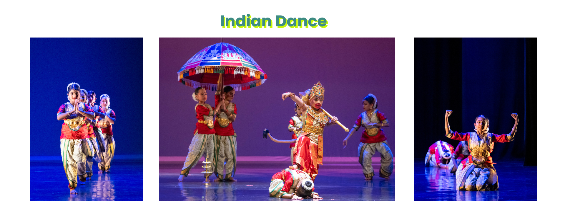 Three stage photos of children performing Indian classical dance in colorful traditional costumes and jewelry.