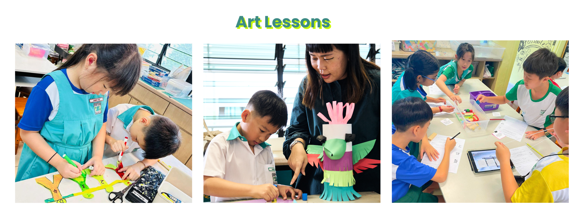 Three photos of children in school uniforms doing art activities, including crafting colorful paper sculptures with a teacher.