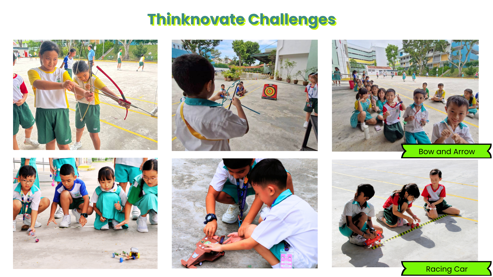 Six photos of young students doing Thinknovate Challenges: bow and arrow shooting and racing car activities outdoors.