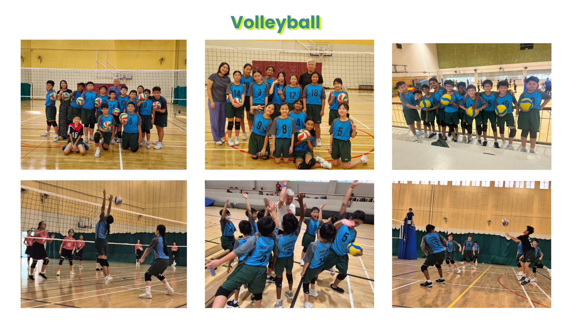 Six photos of youth volleyball teams in blue jerseys posing and playing matches indoors under the heading Volleyball.