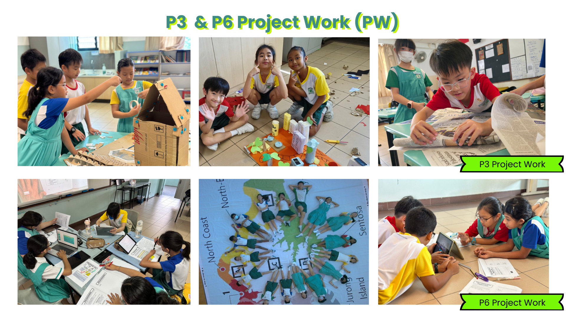 Six photos show primary school students doing P3 and P6 project work, building models and using tablets.