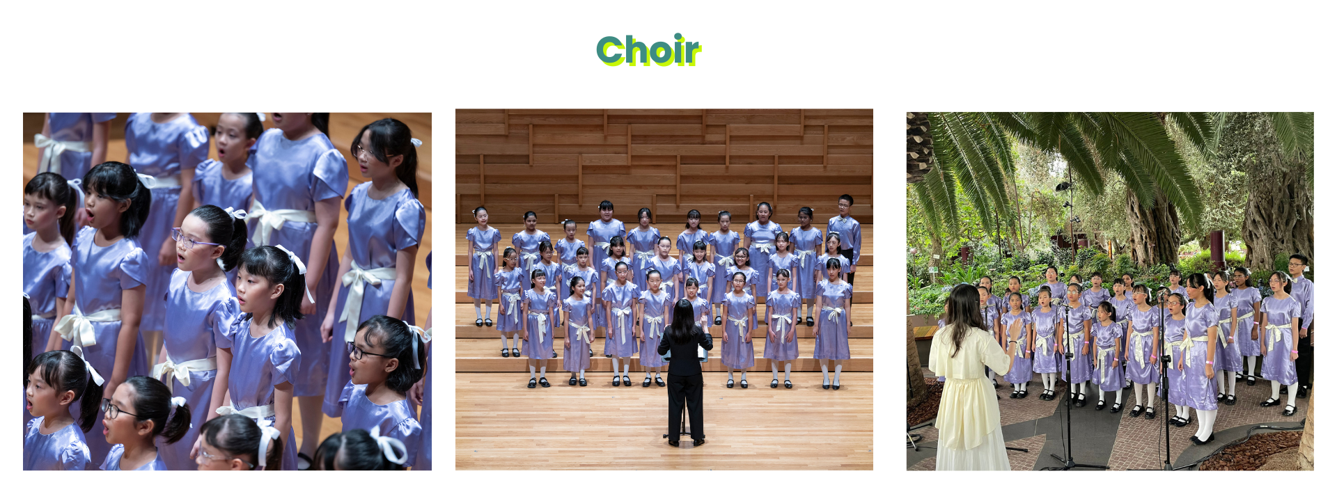 Three photos of a children's choir in matching light purple dresses with white sashes, performing indoors and outdoors.