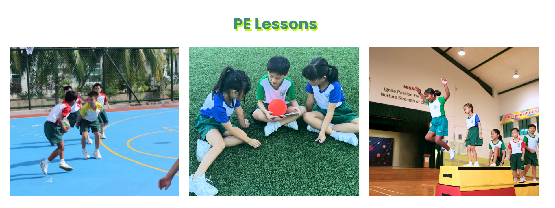 Three PE Lessons photos: kids playing basketball, three children sitting on grass with a ball, and students jumping on gym equipment.