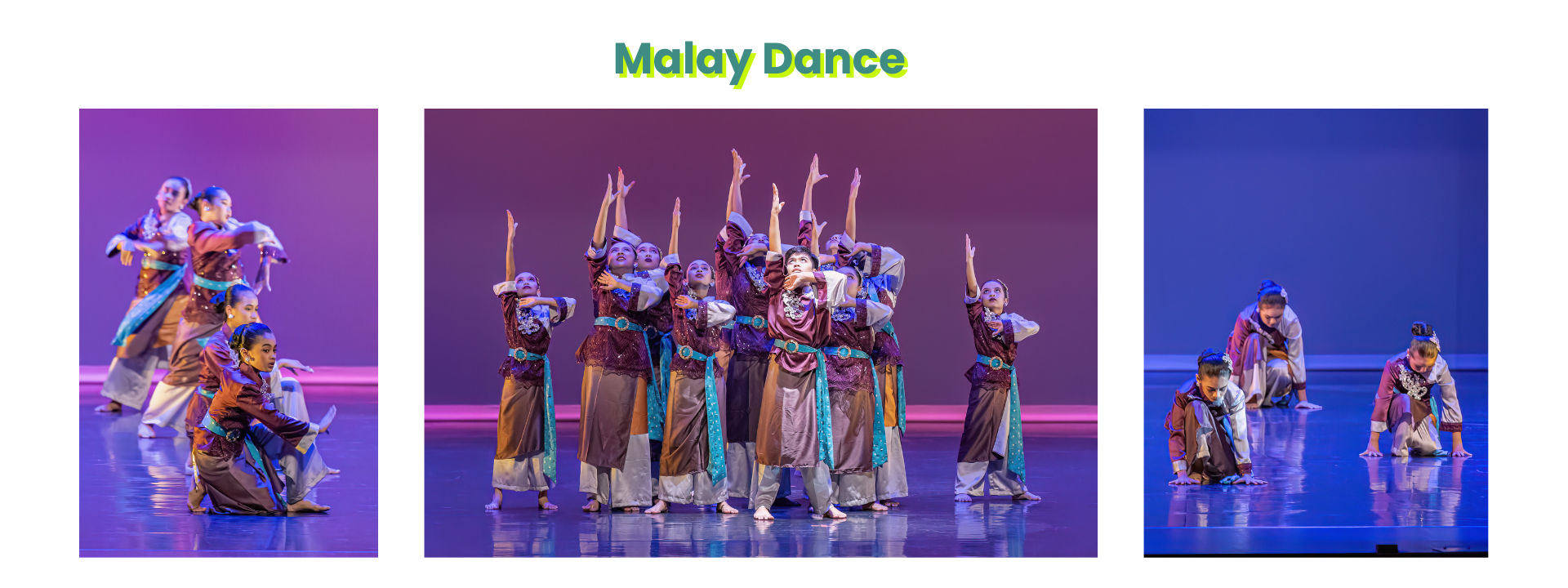 Three stage photos of Malay Dance performers in brown and teal costumes, raising arms upward in coordinated poses.