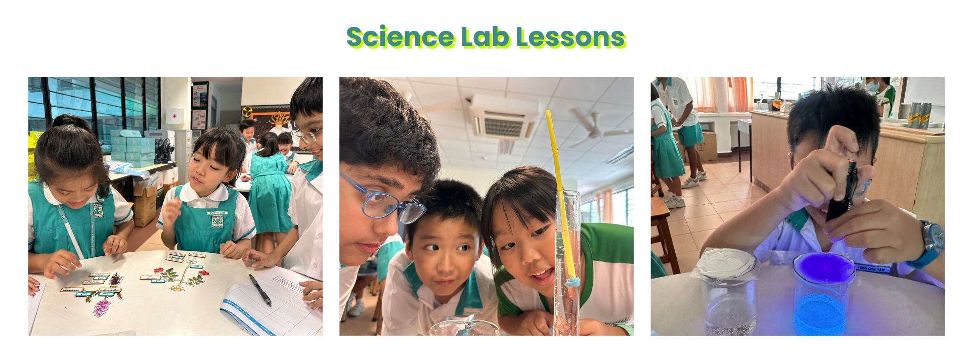 Three photos of young students in teal uniforms doing Science Lab Lessons activities with plants, liquids, and glowing experiments.