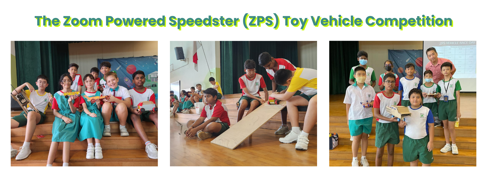 Students participating in the ZPS Toy Vehicle Competition, holding toy cars and launching them down a wooden ramp.
