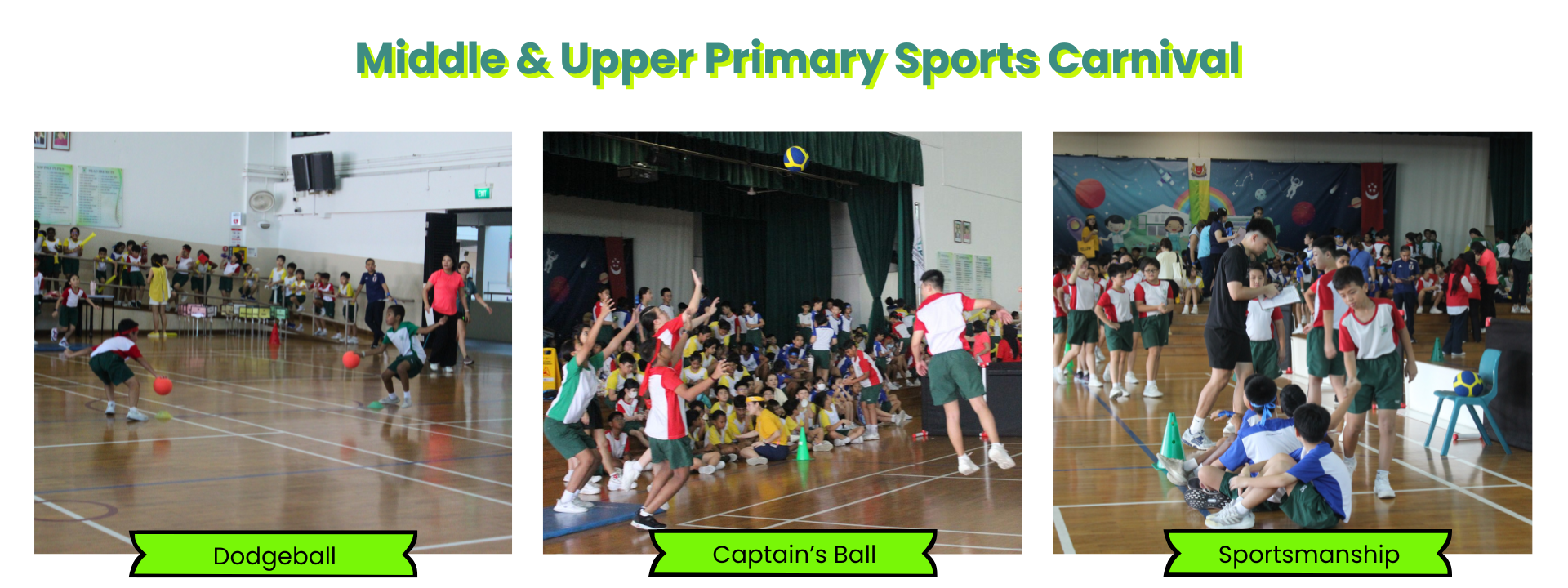 Three photos from a Middle and Upper Primary Sports Carnival showing students playing Dodgeball, Captain's Ball, and Sportsmanship activities.