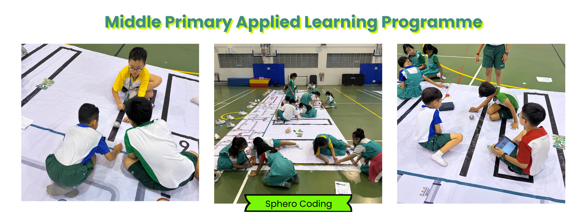 Students in school uniforms sit on gym floors doing Sphero Coding activities on large printed track mats.