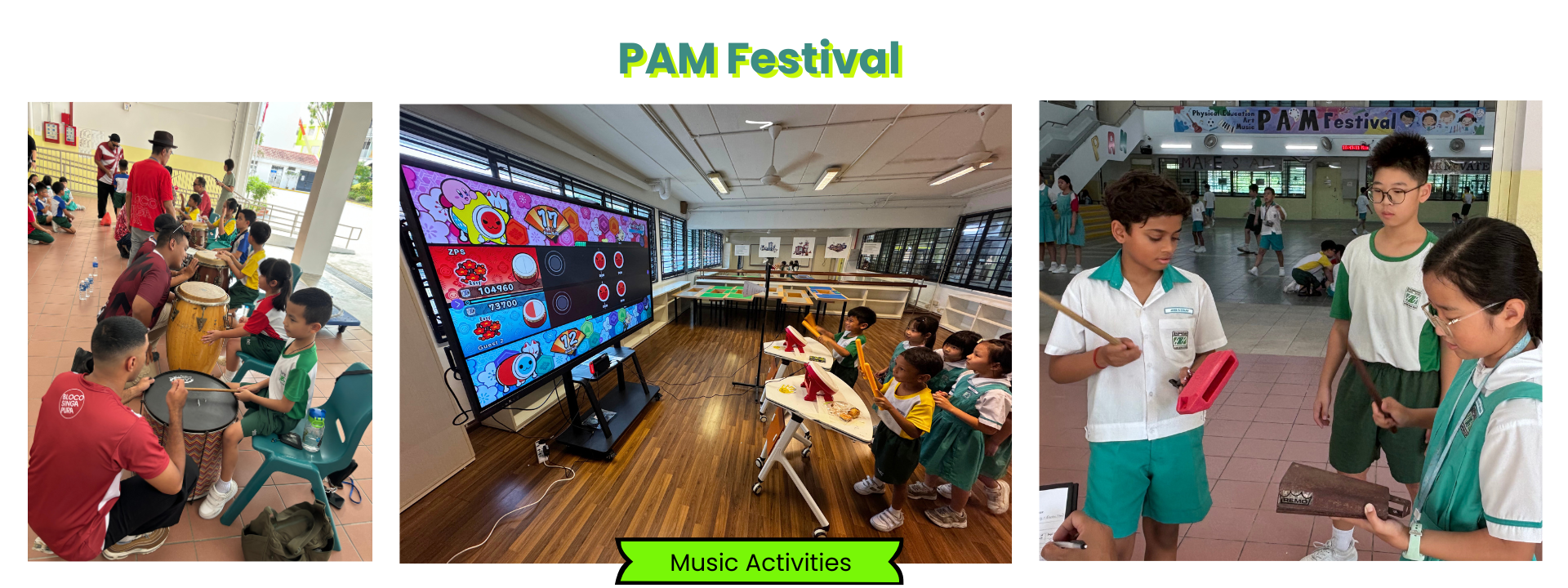 Students at PAM Festival doing music activities: drumming, playing a drum video game, and holding percussion instruments.
