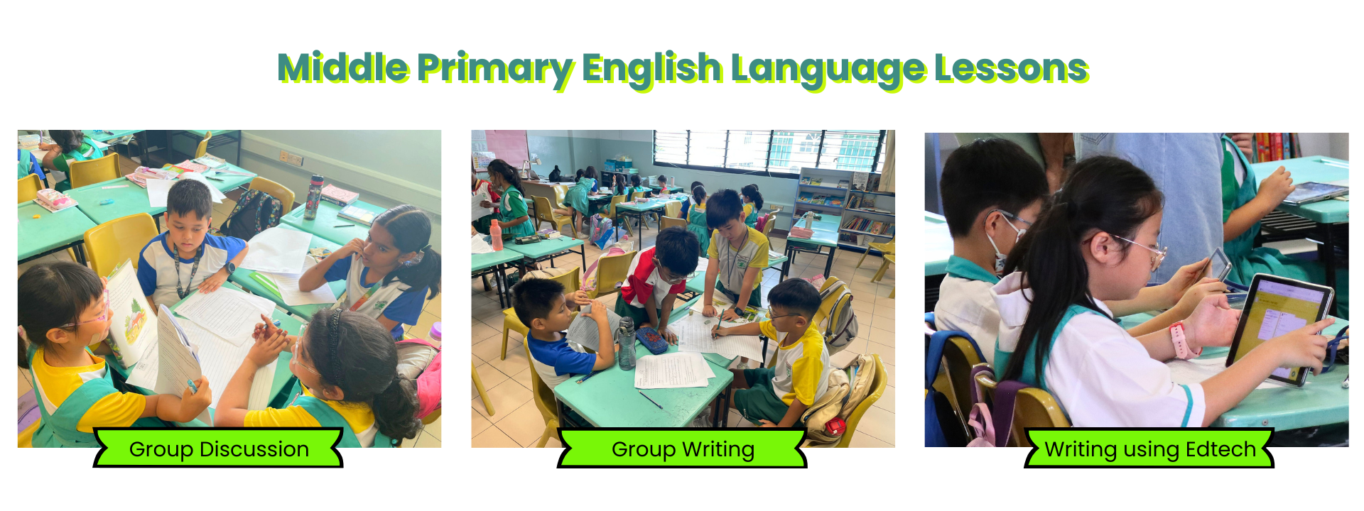 Three photos of Middle Primary English lessons showing group discussion, group writing, and students using tablets.