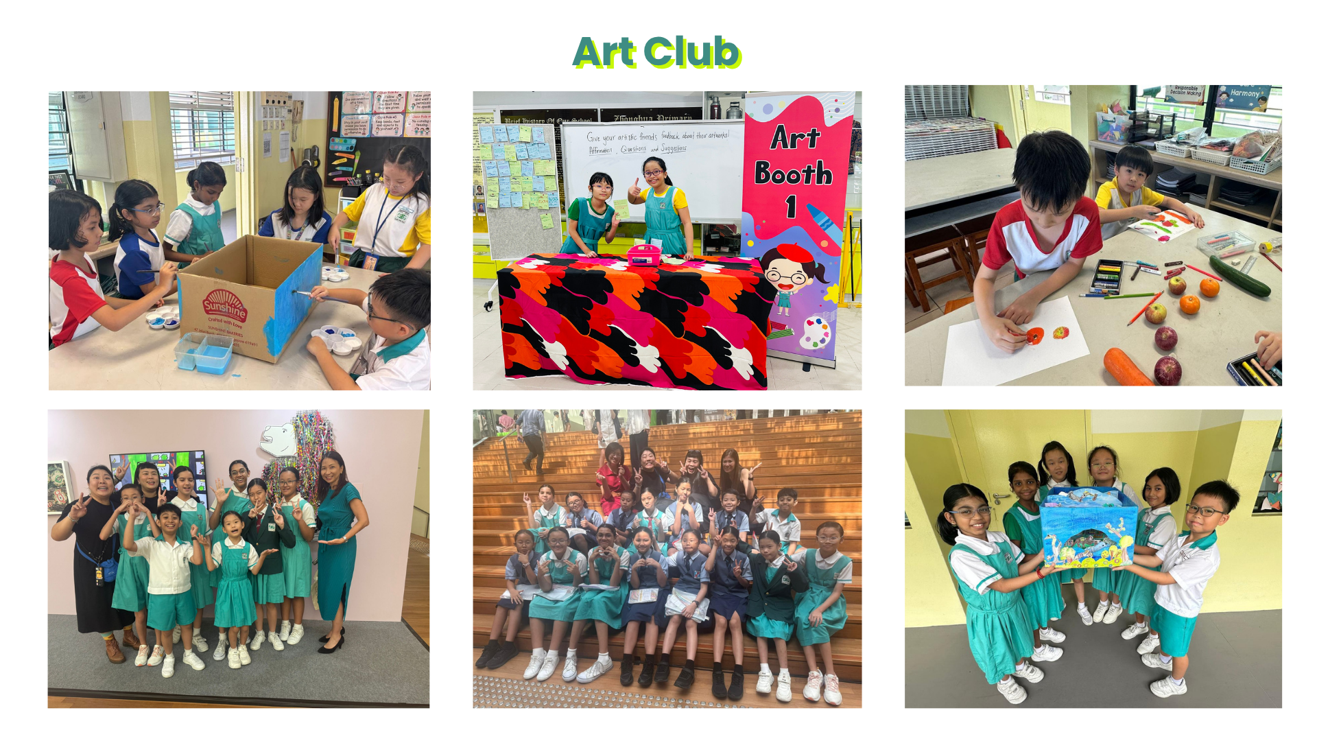 Six photos of primary school students in Art Club activities, including crafting, an art booth, drawing, and group poses.