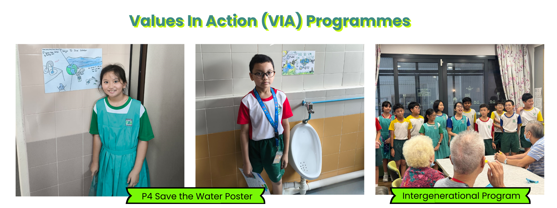 Three photos show school children in VIA Programmes: two near water-saving posters and a group meeting elderly people.
